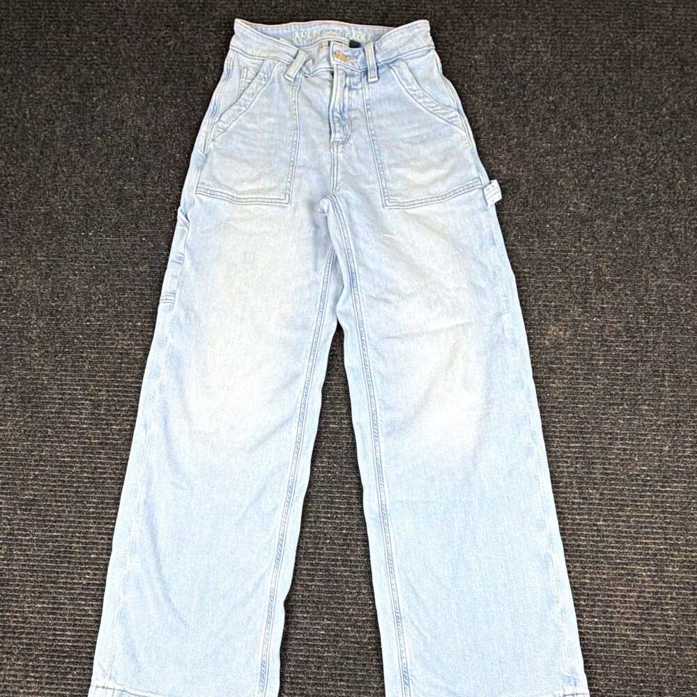 American Eagle Womens Light Wash Wide Leg Carpenter Jeans Utility Y2K Denim 000